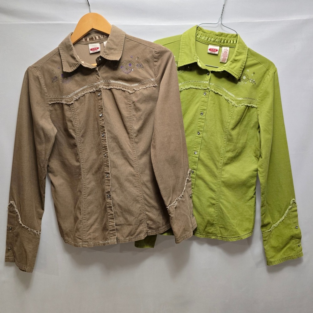 CRB Western Style Corduroy Embellished Button Up Shirt Juniors L Brown Green Lot